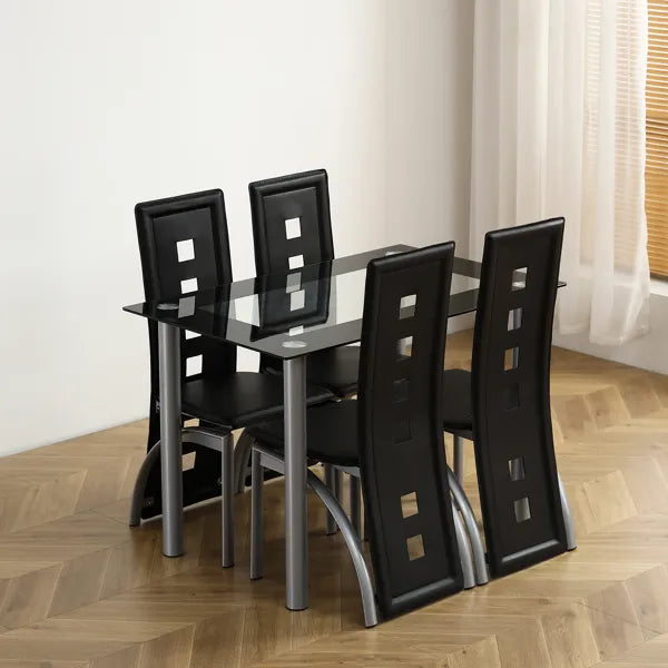 Modern 5-Piece Glass Dining Table Set – Tempered Glass Table with 4 Chairs