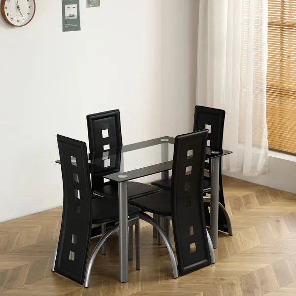 Modern 5-Piece Glass Dining Table Set – Tempered Glass Table with 4 Chairs