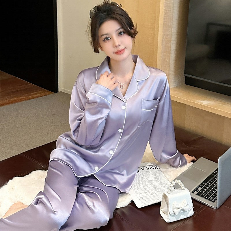 Elegant Slimming Ice Silk Draping Women's Pajamas Long-sleeved Trousers Can Be W