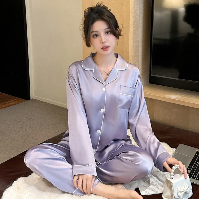 Elegant Slimming Ice Silk Draping Women's Pajamas Long-sleeved Trousers Can Be W