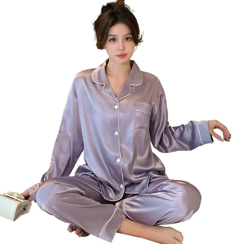Elegant Slimming Ice Silk Draping Women's Pajamas Long-sleeved Trousers Can Be W