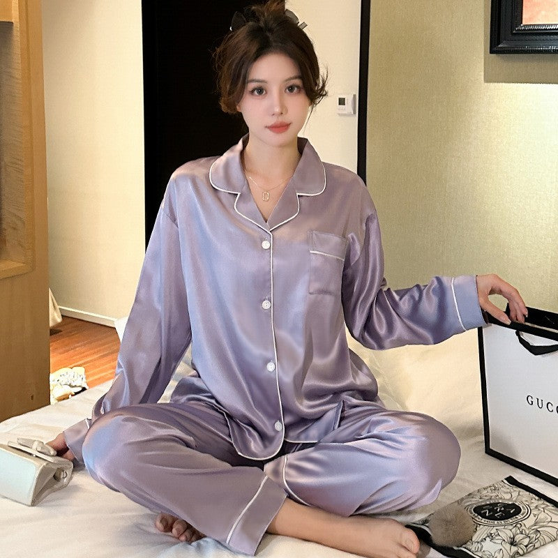 Elegant Slimming Ice Silk Draping Women's Pajamas Long-sleeved Trousers Can Be W